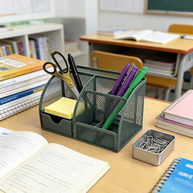 Fengtaiyuan T20, Forest Green Metal Mesh Desk Organizer with Drawer, 8.66x5.12x5.51 inch Multi-functional Desktop Storage Caddy for Office, School, Art Supplies (T20)