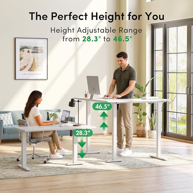 FEZIBO 63" x 55" L-Shaped Standing Desk - Adjustable Corner Desk L Shape, L-Shaped Adjustable Desk with Splice Board, L Shape Standing Desk, White