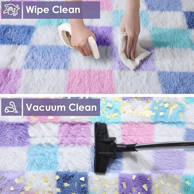 KICMOR Purple Rainbow 5x8 Area Rug for Living Room, Fluffy Soft Colorful Checkered Rug Fuzzy Shag Shaggy Bedroom Carpet, Cute Indoor Plush Rugs for Teen Kids Girls Dorm Nursery Home Decor Aesthetic