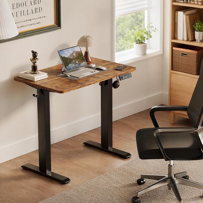 Claiks 35 x 20 Inch Rustic Brown Electric Standing Desk | Adjustable Height, Sit Stand, 3 Memory Presets, Cable Management, Space-Saving, Home Office & Bedroom