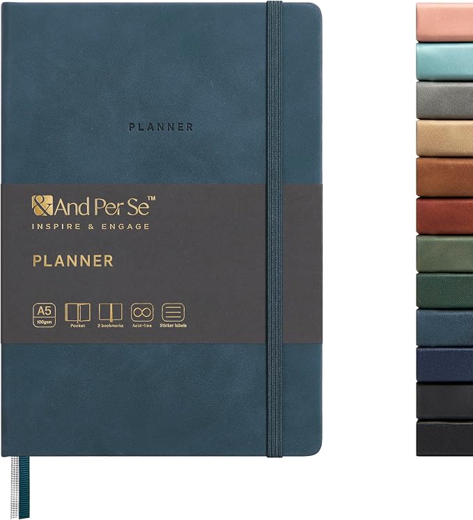 And Per Se Undated Planner, Weekly & Monthly Planner with Goal & Habit Tracker, A5 Leather Hardcover Productivity Journal for Academic Year (Blue)