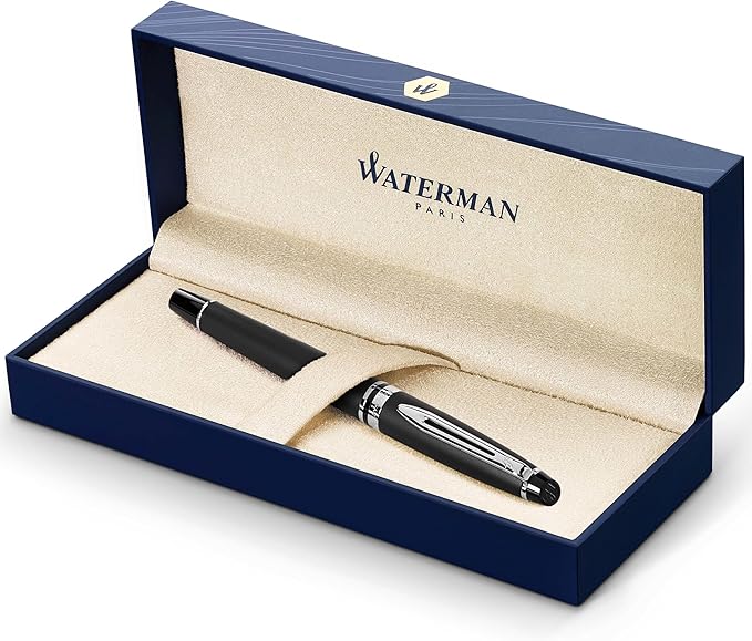 Waterman Expert Fountain Pen, Matte Black with Chrome Trim, Fine Nib with Blue Ink Cartridge, Gift Box