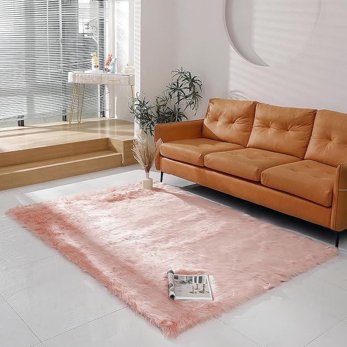 linmopm Faux Fur Rug Sheepskin Shag Fluffy Fuzzy 5x7 ft Pink Rugs for Bedroom Bedside Bed Floor Living Room Plush Rectangle High-Density Cushion Carpet Super Sofa Cover