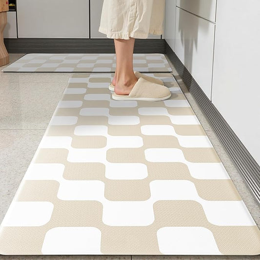 Cream Retro Curvy Checkered Grid Checkerboard Kitchen Rug Sets [2 PCs], Anti-Fatigue, Waterproof Non-Slip Kitchen Mats Heavy Duty Comfort Foam Rug for Floor, Home, Laundry,17"x29"+17"x47"