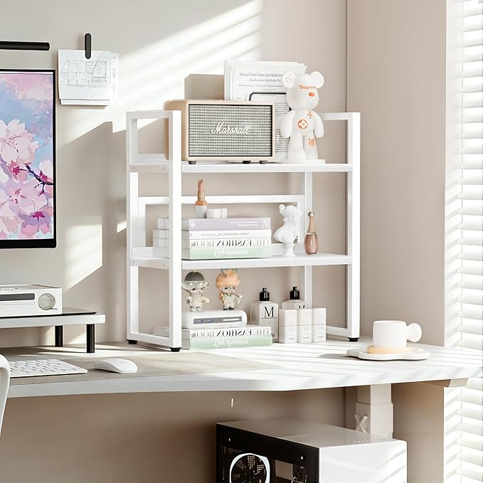 Brakki Desk Shelf Organizer, 2-Tier Desktop Bookshelf, Small Office Shelf | Adjustable Shelf, Metal Desktop Rack for Dorm, with Foot Mat, Multi-Functional Organization, White