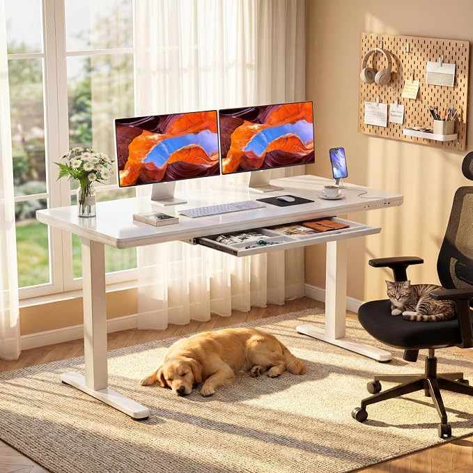 YESHOMY Electric Standing Desk with Tempered Glass Top, 55.1" Height Adjustable Desk with Partitioned Drawer & USB/Type-C Ports, Sit Stand Desk for Home Office, White