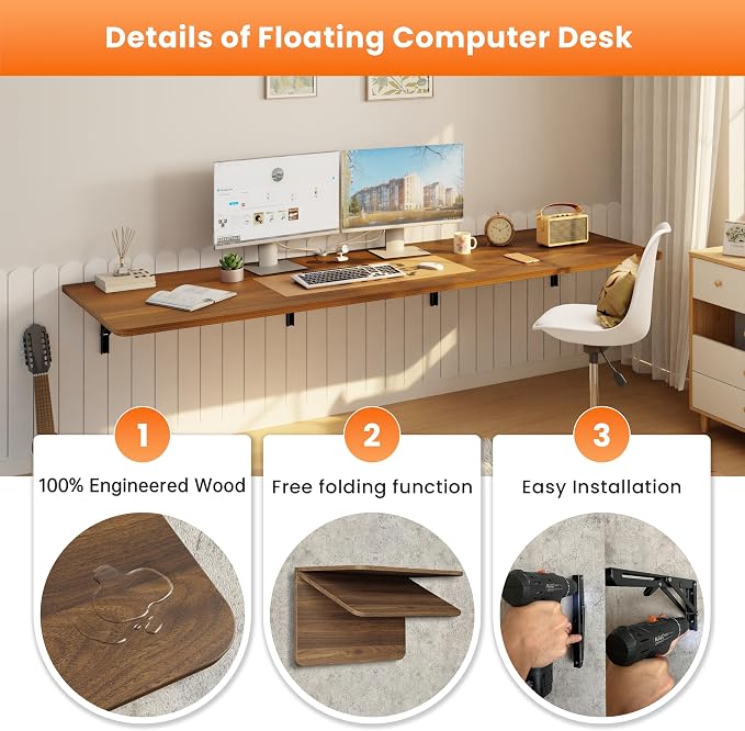 IAE Wall Mounted Floating Foldable Desk 72" x 22" Folding Computer Workstation Table with Engineered Wood and Metal Shelf Brackets,Fold&Floating Design for Home Office, Apartment,Laundry Room,Walnut