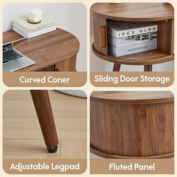 AVZEAR 43" Oval Fluted Home Office Desk, Small Computer Desk Writing Desk | ﻿ Wlanut Mid Century Modern Small Computer Desk Vanity Table with Sliding Tambour Door, Fluted Wooden Writing Study Desk