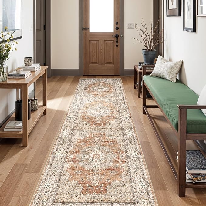 3x10 Runner Rug for Hallway Washable: Non Slip Kitchen Rugs with Rubber Backing Soft Waterproof Mats Stain Resistant Indoor Vintage Carpet Runner for Bedroom Bathroom Laundry Entryway Brick/Terracotta
