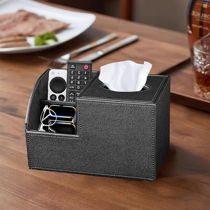 PU Leather Square Tissue Box Cover - Multi-Functional Tissue Box Holder | Tissue Box Cover with Storage,Tissue and Remote Control Holder,Cube Tissue Box Organizer Bedroom Nightstand End Table