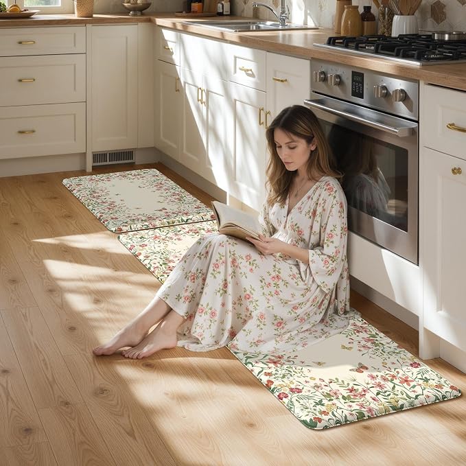 KIMODE Anti Fatigue Mats for Kitchen Floor, Farmhouse Kitchen Rugs Sets of 2, Non Slip Kitchen Mats for Floor, Cushioned Standing Mat for Sink Laundry Office Desk Beige 17"x59"+17"x29"
