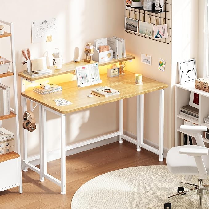 Folding Desk for Small Space,Foldable Computer Desk with Monitor Stand,31.5 Inch Small Desk with LED Lights for Bedroom Home Office,Writing Work Office Computer Desk with Hooks,Oak