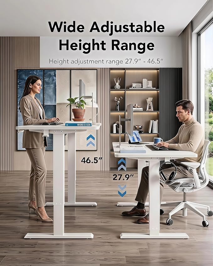 HUANUO 55 x 28 Inch Electric Standing Desk, Height Adjustable Computer Gaming Desk with 4 Memory Presets, Home Office Sit Stand Desk with Hooks & Cable Management, White