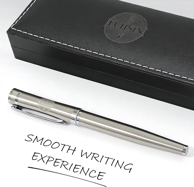 LUHSIN Brushed Silver Metal Rollerball Pen - 0.5mm Smooth Writing Professional Pen, Luxury Executive Gift Set for Men & Women, Office Signature Pen