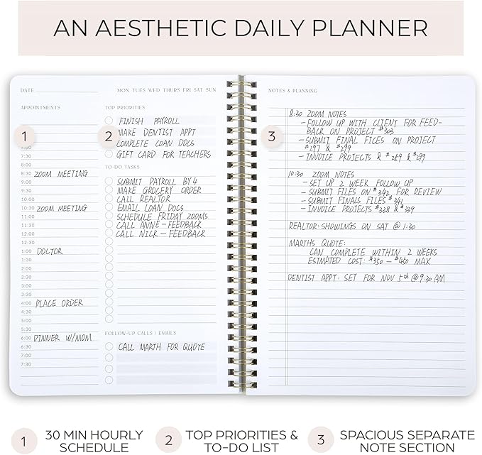 Beautiful Daily Planner And Notebook With Hourly Schedule - Aesthetic Spiral To do List Notepad to Easily Organize Your Work Tasks And Appointments - The Perfect Office Supplies For Women