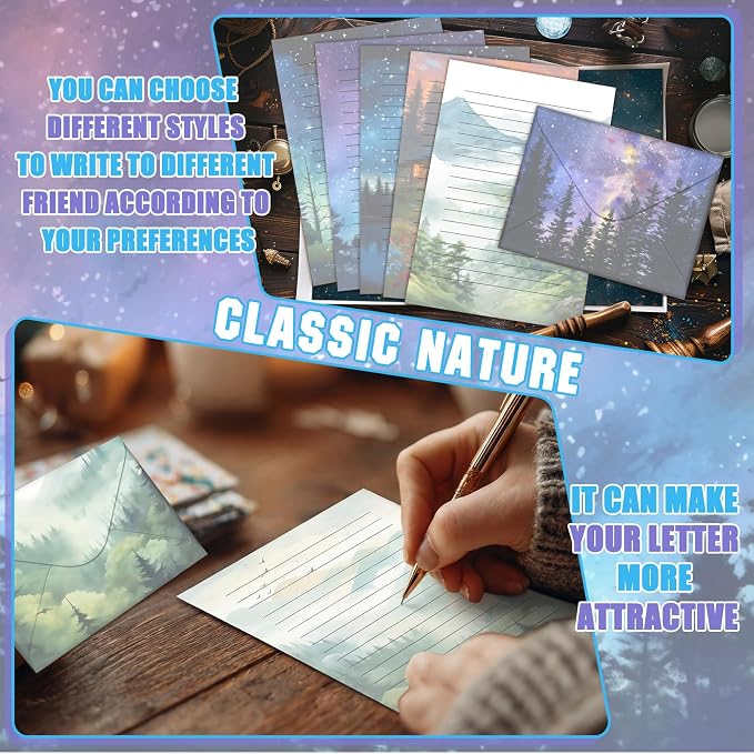 TaoBary 160 Pcs Stationery Paper Set 50 Double Sided Stationery Paper with 50 Matching Envelope and 60 Round Dot Sticker, 10 Design (Whimsical Watercolor Illustration Starry Night Sky,8.25 x 5.5 Inch)