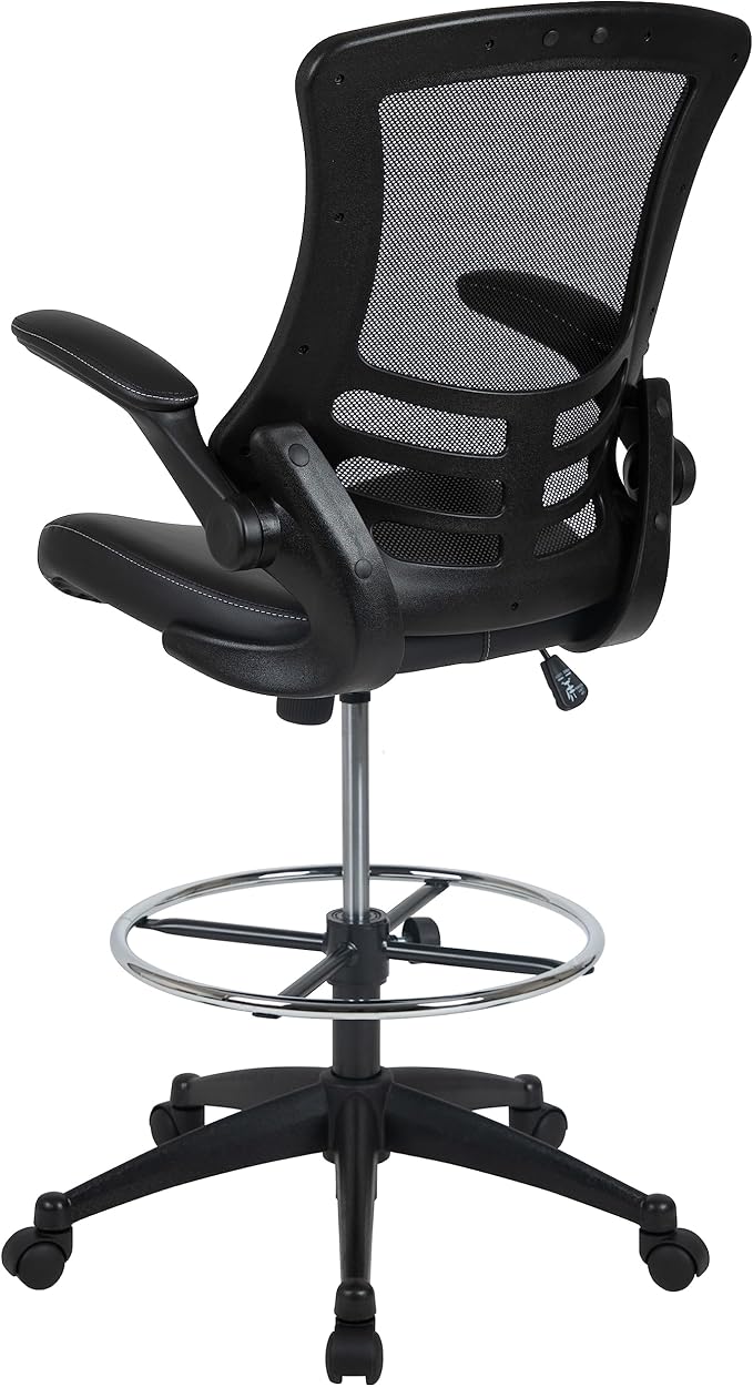 Flash Furniture Kelista Mid-Back Swivel Office Chair with Adjustable LeatherSoft Seat Height, Ergonomic Mesh Chair with Flip-Up Arms, Black | Leather soft Seat, Mid-Back, Flip-Up Arms, Mesh Back, Adjustable Foot Ring