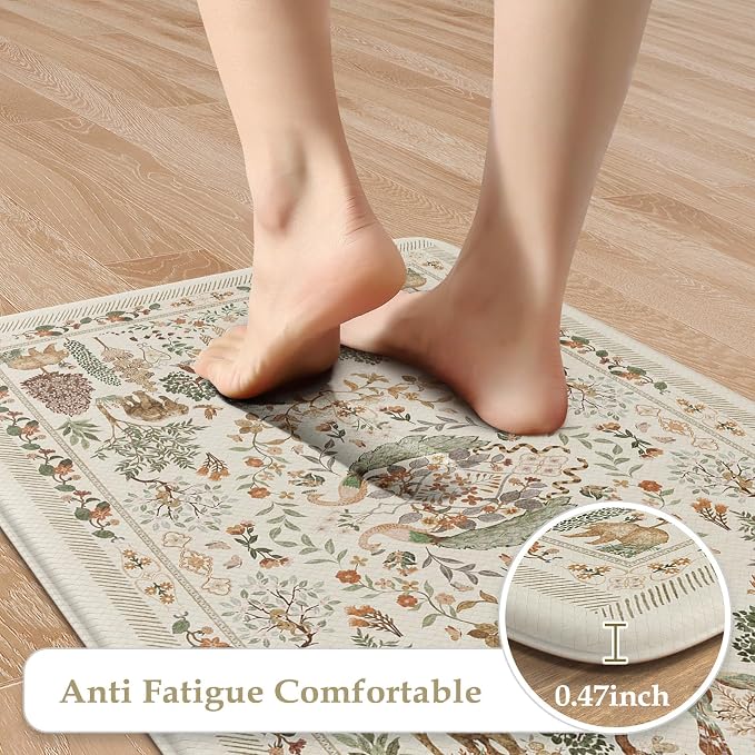 KIMODE Anti Fatigue Kitchen Mats 17"x47"+17"x29", Vibrant Floral Kitchen Rugs Sets of 2, Cushioned Non Skid Kitchen Mats for Floor, Comfort Kitchen Floor Mats for Sink Laundry Desk Beige