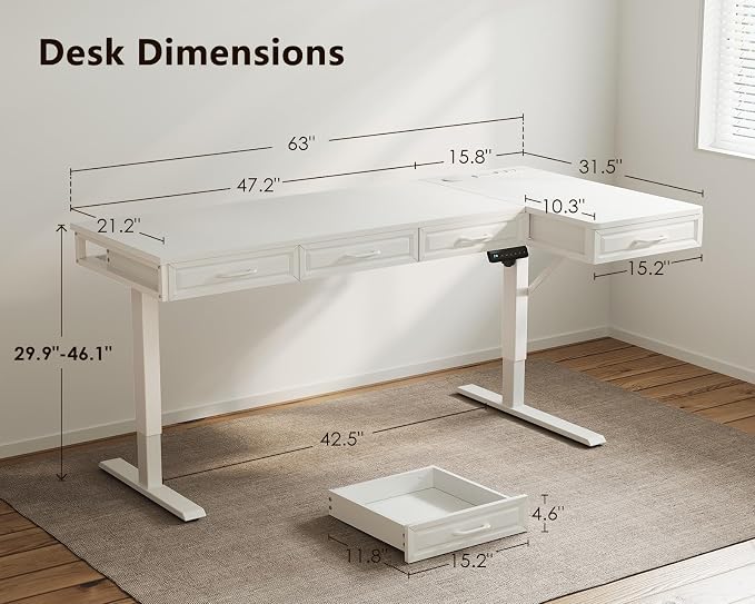 OffiGo L Shaped Electric Standing Desk with Wooden Drawers, 63 Inch Height Adjustable Corner Workstation with Power Outlets, Sit Stand Table for Home, Office, White