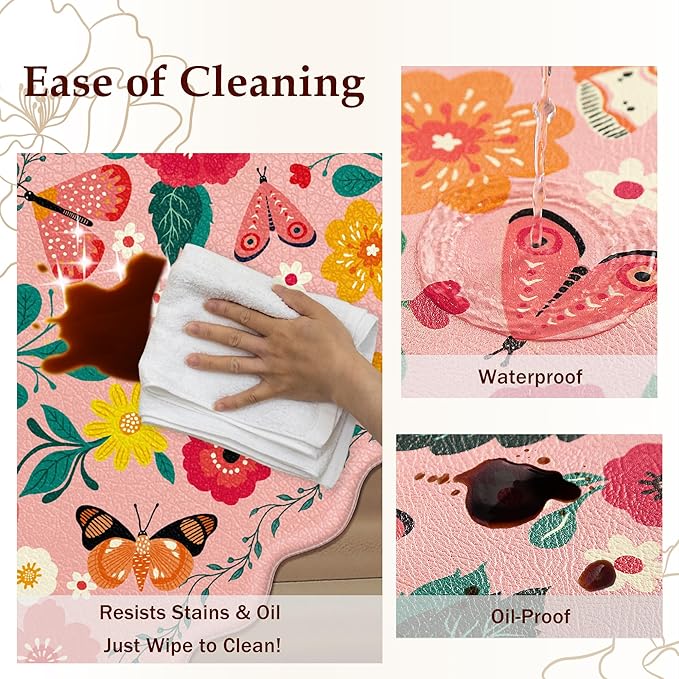 Scalloped Pink Kitchen Mats for Floor Cushioned Anti Fatigue Kitchen Mats Rugs Waterproof Non Slip Farmhouse Boho Floral Comfort Foam Standing Mat for Sink Laundry, 17.3x59