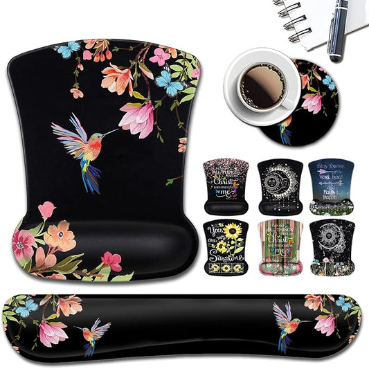 Ergonomic Mouse Pad with Gel Wrist Rest Support, Gaming Mouse Pad with Cloth, Non-Slip PU Base for Computer, Home, Office, Memory Foam Keyboard Wrist Rest Support, Hummingbird Watercolor Flower