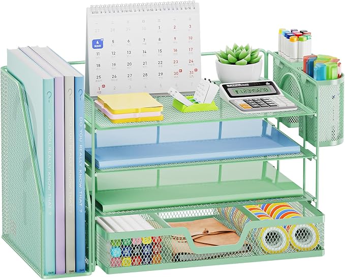 Marbrasse 4-Tier Paper Tray Organizer with Drawer and Pen Holder, Green | Metal Mesh Desk Organizer, Built-in Drawer & 2 Pen Slots, fits letters/Files, for School Home Office Supplies