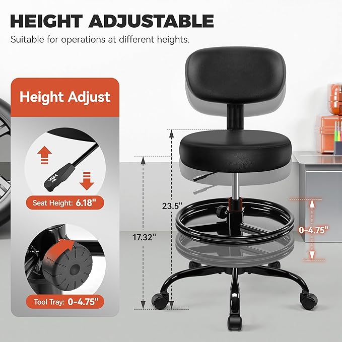 BestGlory Shop Stool with Wheels for Garage, Mechanics Rolling Chair with Backrest, Adjustable Height Heavy Duty Garage Stool with Footrest and Storage Tray, Swivel Task Chair for Workshop Salon