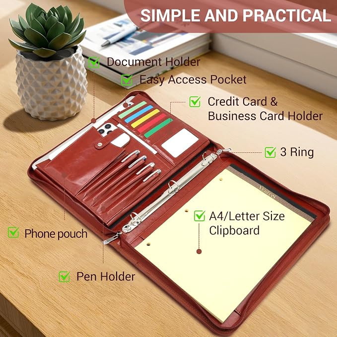 Faux Leather Portfolio with Handle – 3-Ring Padfolio Organizer for 13.9" Laptop/Tablet, A4 Legal Pad Holder, Multi-Pocket Business Folder for Work, Office & Meetings & Daily Commute (Brown)