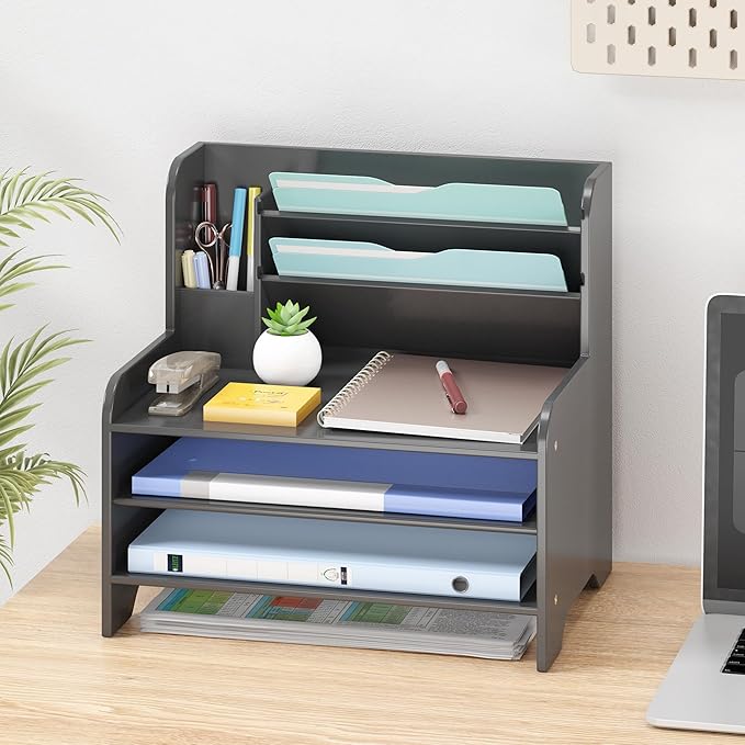 Bamboo File Organizer for Desk, Desktop Paper Tray and Mail Holder | Three open tiers keep A4/letter paper, folders, bills and mail sorted, visible and easy to reach while saving desk space