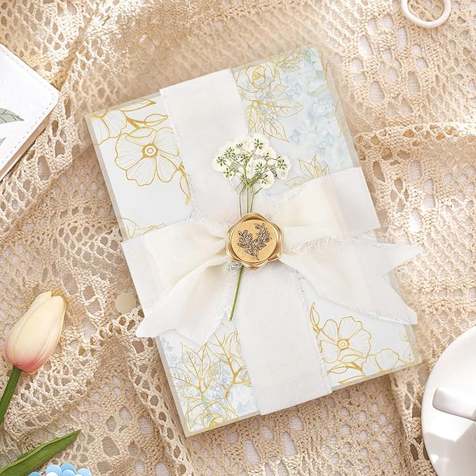 Wedding Invitation Accessories Kit, Pre-Folded Vellum Jackets for 5×7 Invitations with Wax Seal Stickers, Ribbon & Dried Flowers, Elegant Wedding Invitation Accessories for DIY Bridal Invites (Gold-Rose, 100)