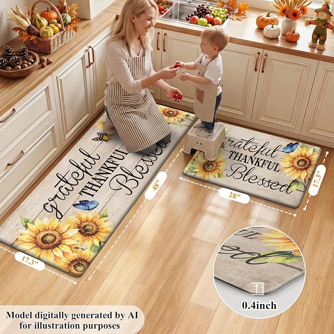 HEBE Fall Kitchen Mat Set of 2, Anti Fatigue Kitchen Mats for Floor | Cushioned Non Slip Autumn Kitchen Rugs and Runner Set, Waterproof Sunflower Floor Carpet for Harvest Thanksgiving