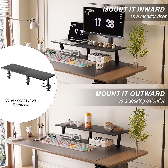 30-Inch Desktop Clamp-on Shelf & Monitor Riser, 2-in-1 Reversible Design – Fits Either Side of Desk, C-Clamp for Stability, Holds 44 lbs, for Gaming PC, Console & Office Setup
