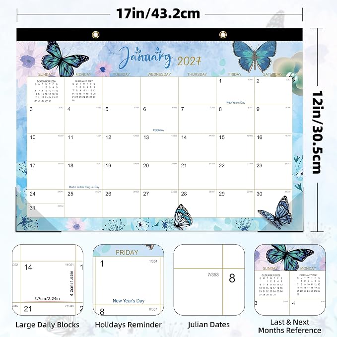 ZTX Desk Calendar 2026-2027,18 Month Academic Desk Calendars,17"x12" Jul.2026-Dec.2027 Calendar with Clear Plastic Cover for Teacher School Year Home Butterfly