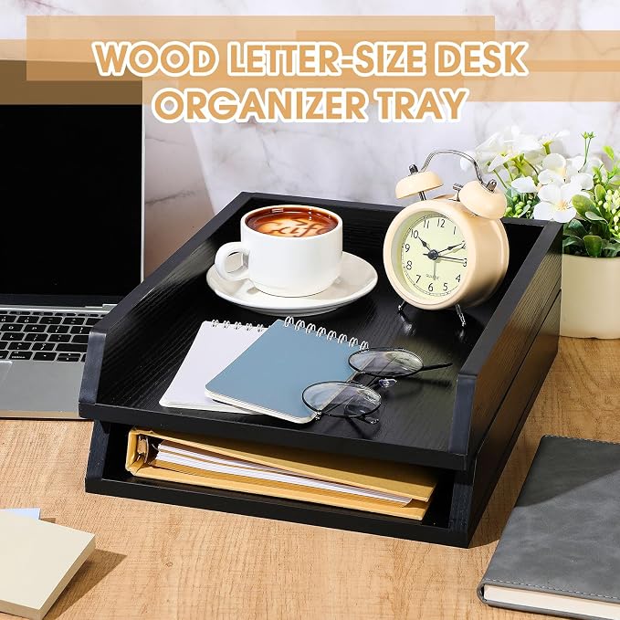 DoubleFill 2 Pcs Wooden Letter Trays 2 Tier Desktop Paper Organizer Wood Letter-Size Desk Document Tray Heavy Duty Stackable Paper Drawer Holder File Folder Back to School Office Home (Black)