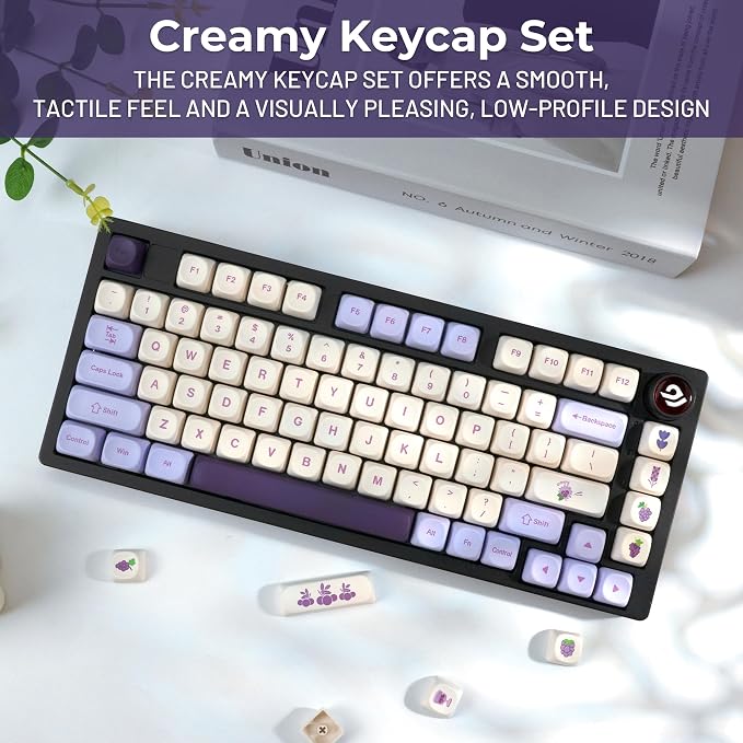 OHY XVX MOA Profile Purple Grape Theme PBT Dye-Sub Keycaps, Custom Keycap Set for Mechanical Keyboards (Compatible with Cherry MX Switches, Purple & White Design)