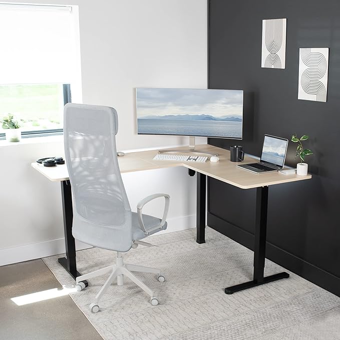 VIVO Corner Standing Desk, 63 x 55 inch Reversible L-Shaped Workstation, Electric Height Adjustment, Home, Office, and Reception Rooms, Light Wood Table Top Black Frame, DESK-E3CTBC