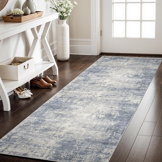 2x5 Hallway Washable Runner Rug - Non-Slip Kitchen Rugs with Rubber Backing Abstract Neutral Low-Pile Carpet Runners for Laundry Room Home Decor Bedroom Bathroom Entryway (Blue Gray,2x5)