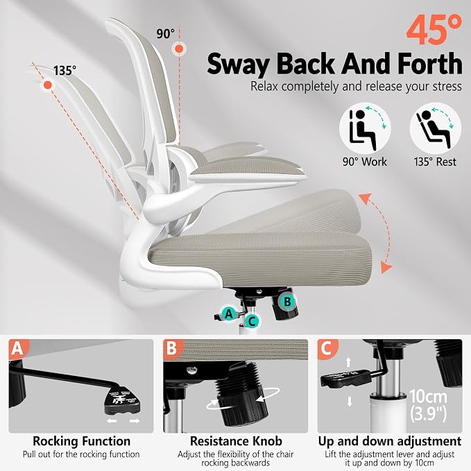 BESTFAIR Ergonomic Mesh Office Chair, Breathable Mesh Computer Desk Chair, Adjustable Lumbar Support, Flip-up Armrests, Executive Swivel Chair for Home Office, LightGray Pack of 4