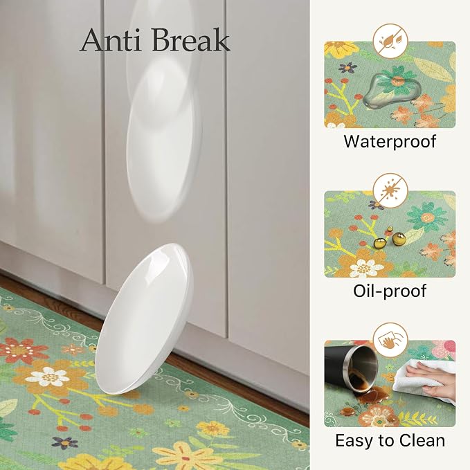 GENIMO Anti Fatigue Kitchen Mats for Floor 2PCS, Cushioned Standing Mats | 17.3"x47"&17.3"x30", Sage Green vintage floral rug set, waterproof, non slip, easy-clean for farmhouse