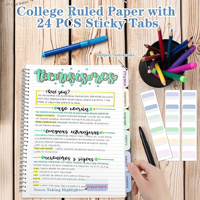 Spiral Notebook, College Ruled Notebook Journal, 8.5" x 11" Lined Paper Journal Notebook Pack, A4 Large Subject Notebook for Work, School, Notes, 560 Pages, 24pcs Index Tabs, Assorted Pastel Notebook