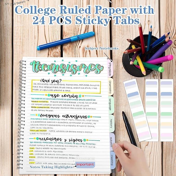 Spiral Notebook, Wide Ruled Notebook Journal, 4 Pack B5 Lined Notebooks for Work, School, Notes Taking , 8" x 10" Large Subject Notebook, 560 Thick Paper, 24pcs Index Tabs, Assorted Pastel Notebook