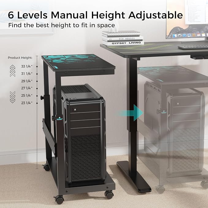 EUREKA ERGONOMIC PC Stand Height Adjustable Black | Height-adjustable 2-tier PC stand with wheels for ATX computer cases or printers, durable steel frame and smooth mobility