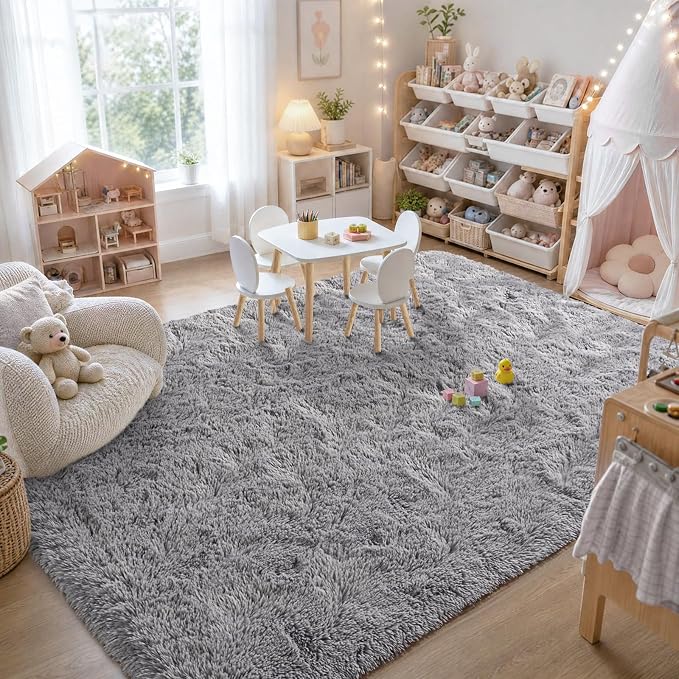 Zentavio Area Rugs for Living Room Small Carpet for Bedroom 3x5 Bedside Washable Soft Fluffy Shag Aesthetic Plush High Pile Throw Rug for Nursery Kids Room Dorm Room Grey