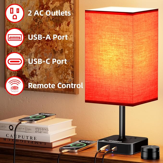 cozoo Bedside Table Lamp for Bedroom, 3 Way Dimmable & Remote Control Stepless Dimming Touch Nightstand Lamp, 2 USB Ports and 2 AC Outlets, Small Desk Light for Living Room, Bed, Study, Red