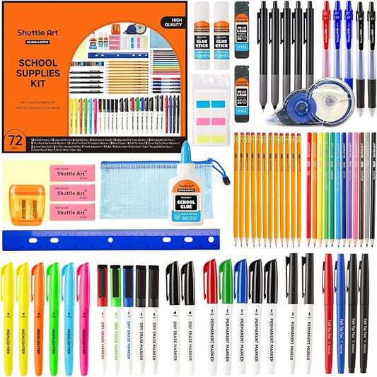 Shuttle Art 71 Pack School Supplies Kit, Back to School Supplies for Teachers, Middle High Schools, College School Supply with Highlighters, Pencils, Gel Pens, Dry Erase Markers, Felt Tip Pens, Glue