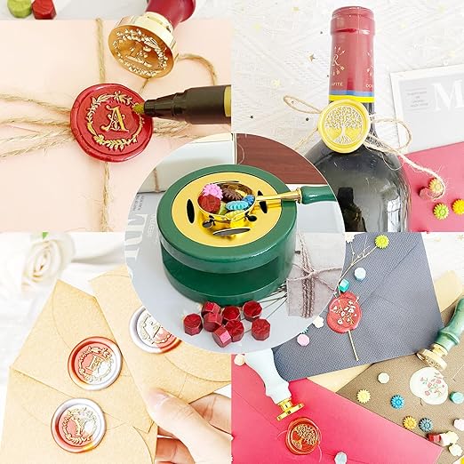 Green Wax Seal Warmer Furnace Kit Melting Furnace Tool Sealing Seal Stamp Warmer Stand with Spoon & Stir Stick and Tealight Candles Set for Wedding Wax Envelope Seal Stamp (Dark Green)