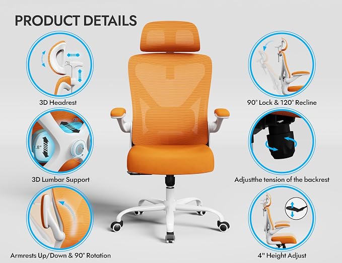 Ergonomic Office Chair: Mesh Desk Chair Comfy with Headrest& Lumbar Support | Ergalithic Big and Tall Office Chairs with Wheels & Flip-Up Arms-Computer Gaming Chairs for Adults Home Office(Orange)