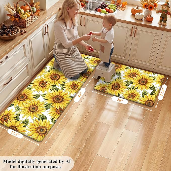 HEBE Fall Kitchen Mat Set of 2, Anti Fatigue Kitchen Mats for Floor | Cushioned Non Slip Autumn Kitchen Rugs and Runner Set, Waterproof Sunflower Floor Carpet for Harvest Thanksgiving