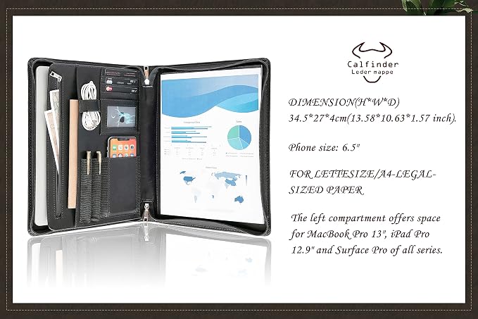 Calfinder Personalized Portfolio for Women&Men, Free Name Engrave,Customized Leather Padfolio with Logo or Name, Business Portfolio with A4 Writing Pad Holder for Resume,Gift for Father's Day