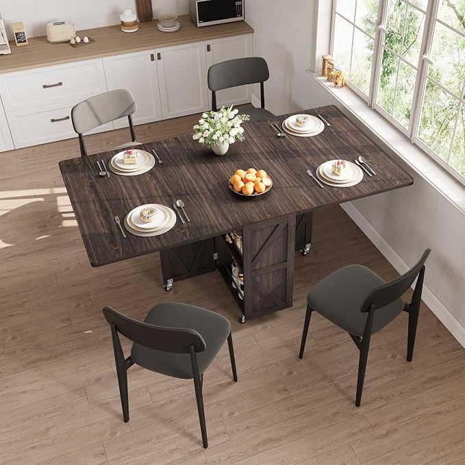 Space Saving Folding Dining Table for 2-4, Farmhouse Foldable Dining Table with Drawer and Storage Shelf, 6 Wheels Drop Leaf Kitchen Dining Room Table for Small Space (Walnut 47.2" x 23.6" x 29.5")
